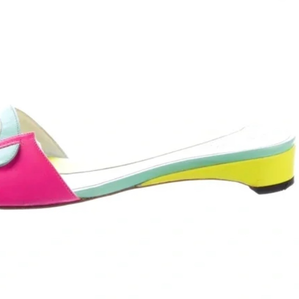 RARE RETRO Emilio Pucci Colorblock Leather Yellow Pink Green Slides Sandals 37.5 - Picture 11 of 11